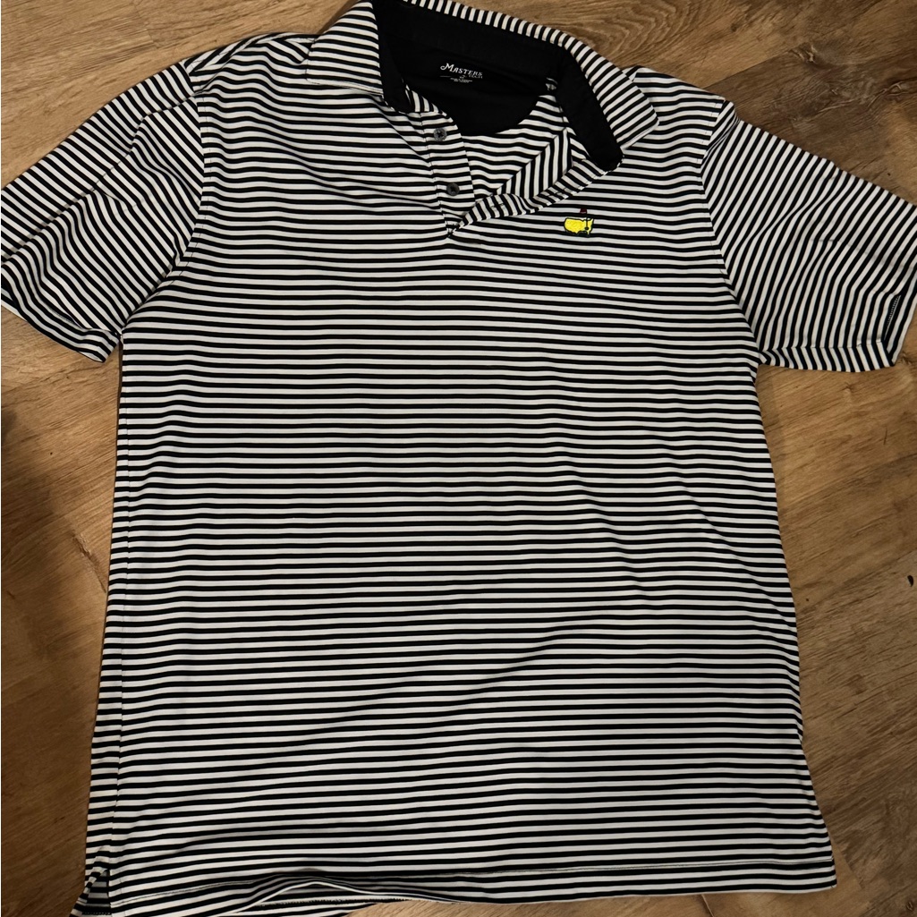 Masters Navy  White Striped Polo With Yellow Logo